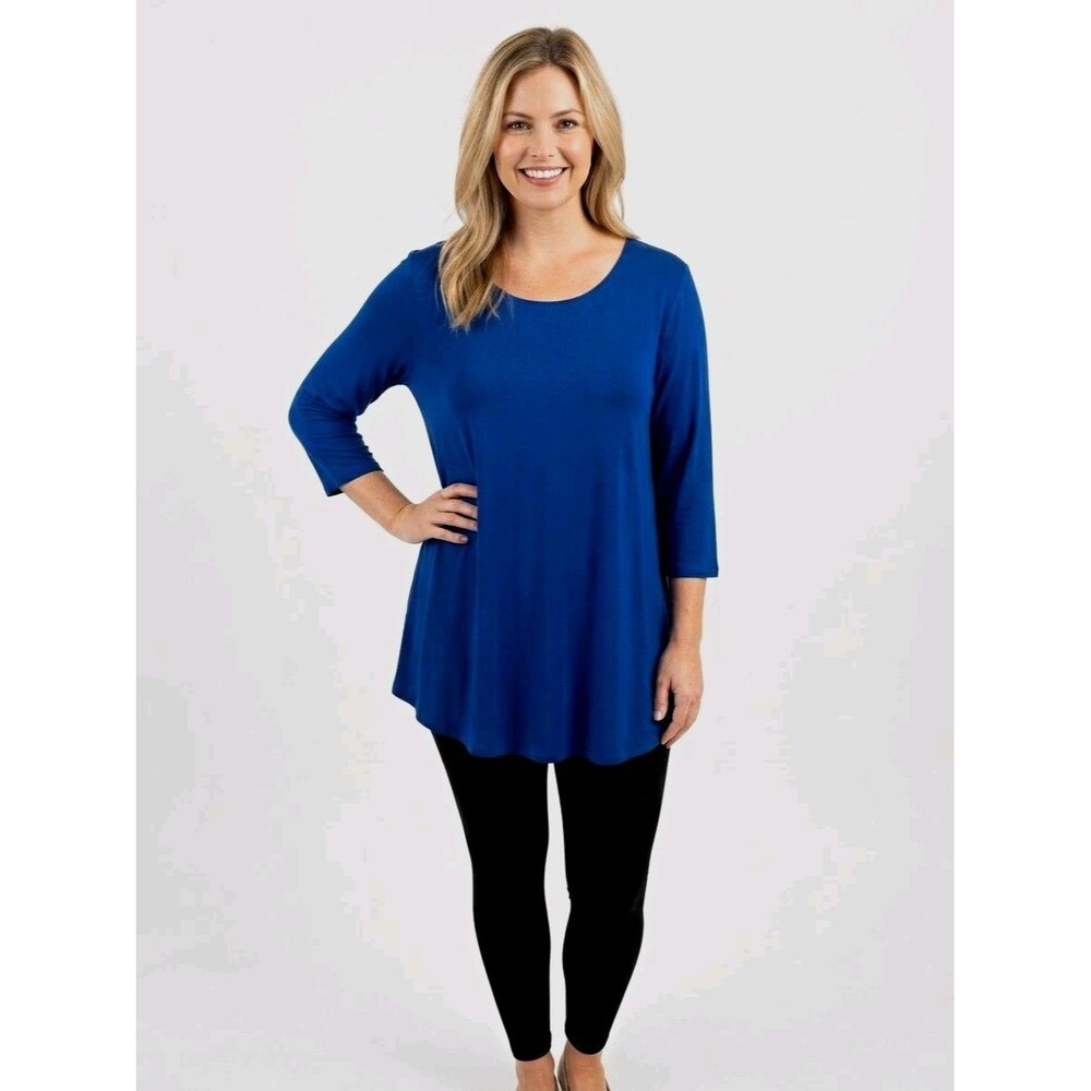 Creation Womens Top 2X Navy Blue Tunic 3/4 Sl Stretch Diagonal hem pullover
